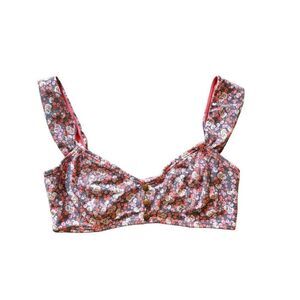 Nordstrom BP. Gray & Pink Floral Bikini Top w/ Gold Buttons & Thick Straps $40 M
